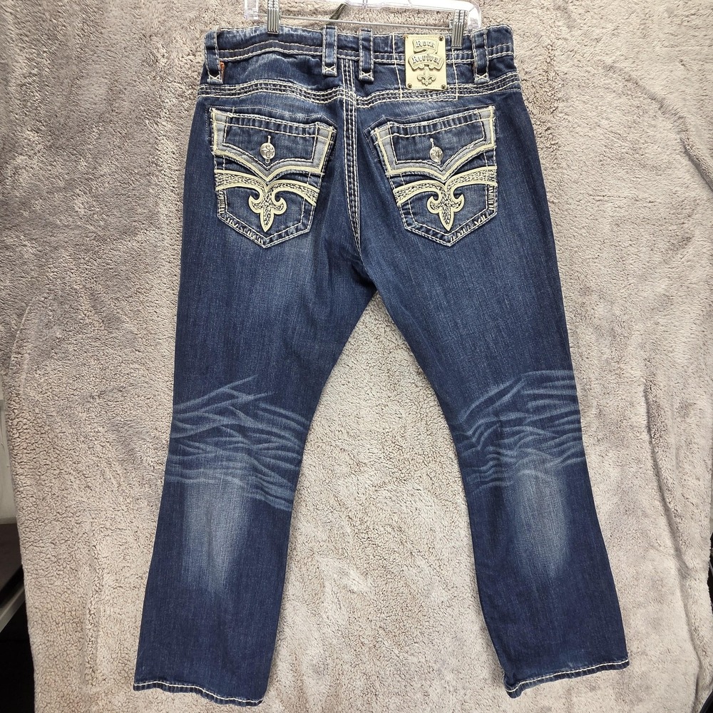 Rock Revival Jeans Mens 36x30 Blue Gavin Relaxed Straight Flap Pockets Zip Fly